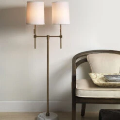 Minerva 52 Inch 40.00 Watt Antique Brass & White Marble Twin Shade Floor Lamp Portable Light -Home Lighting 9mine flab 16